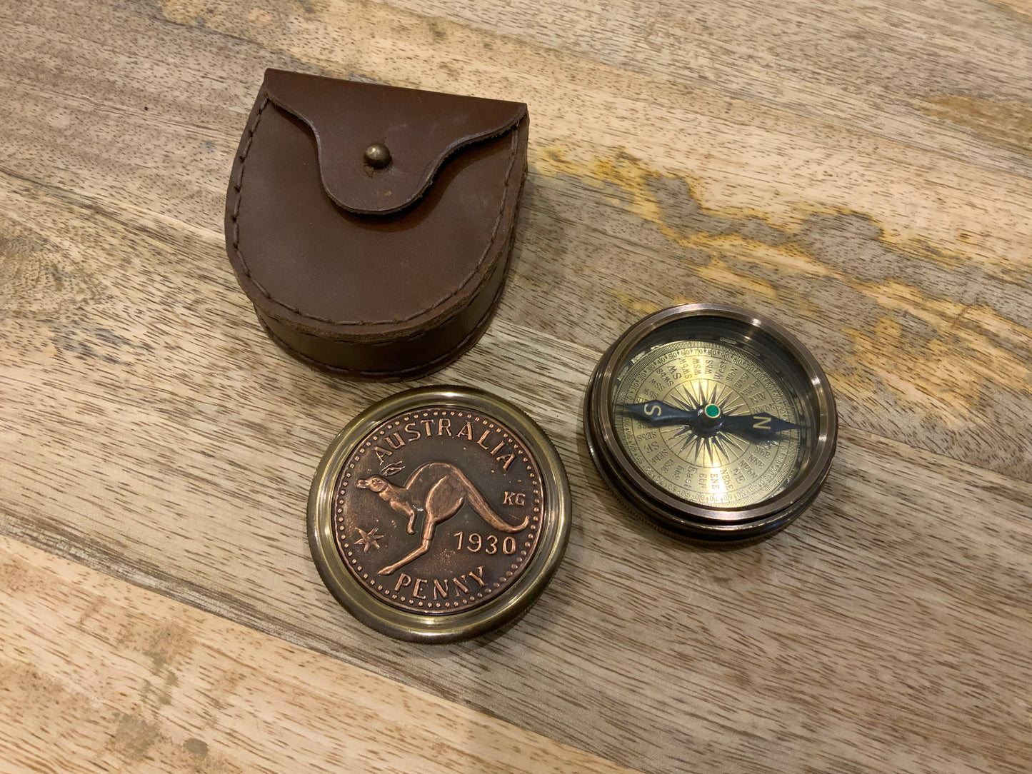 One Penny Compass Antique Finish with Leather Pouch