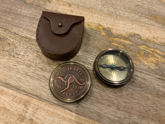 One Penny Compass Antique Finish with Leather Pouch