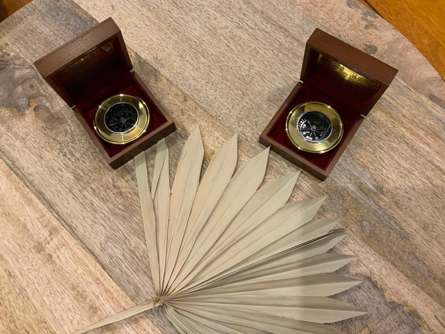 Compass with Wooden Box and Plate with Words
