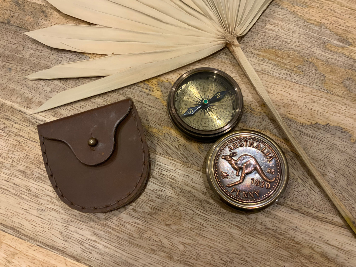 One Penny Compass Antique Finish with Leather Pouch